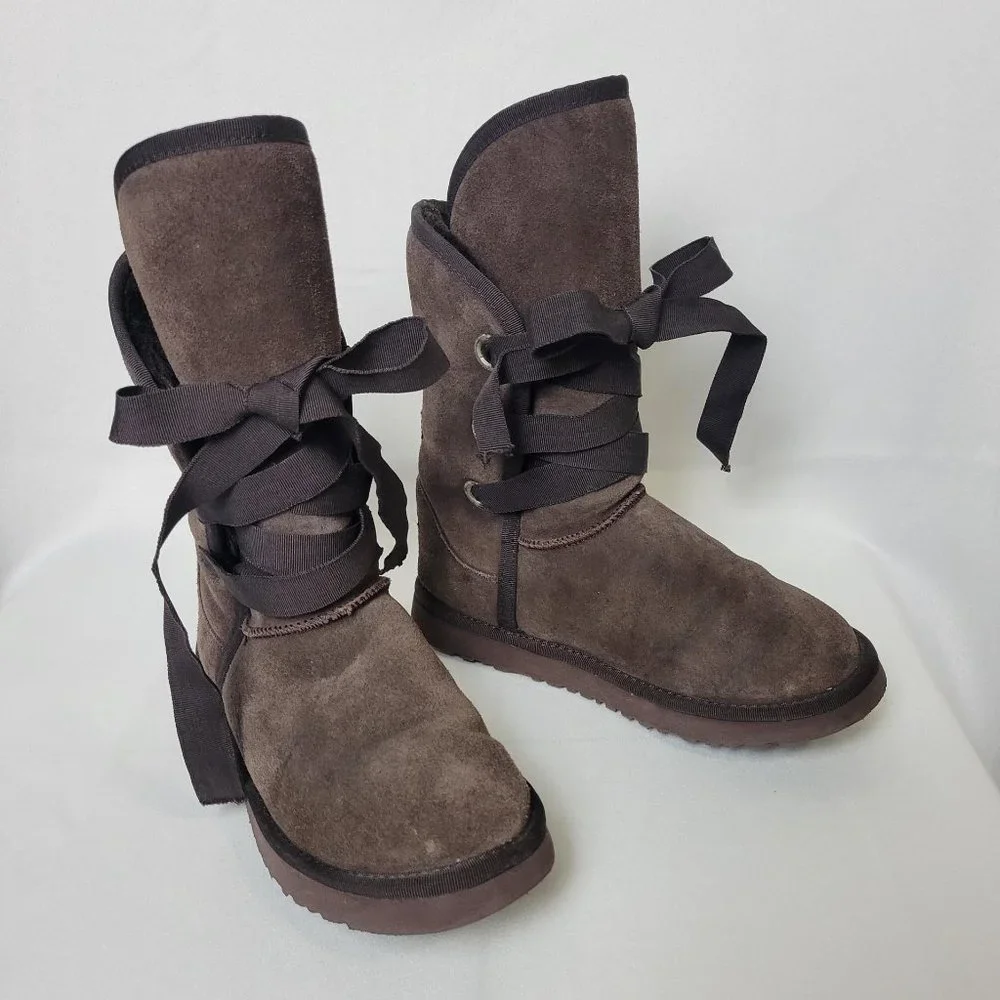 UGG Australia Brown Ribbon Lace Up Sheepskin Wool Boots Womens Size W7 - Picture 2 of 7
